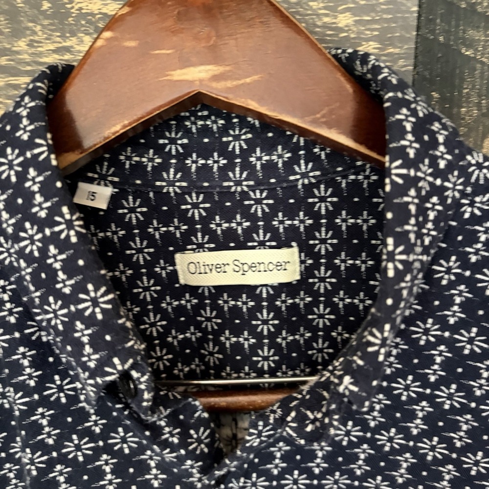 Oliver Spencer Club Collar Button Up Shirt Blue Geometric Print Mens Size Small - Picture 3 of 7
